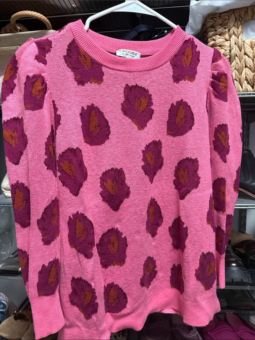 crosby. Bright Pink Knit Sweater with Plum and Brown Floral Spots